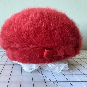 Vintage Red Angora Cloche Beret Hat Kangol Made in England Bow Furgora